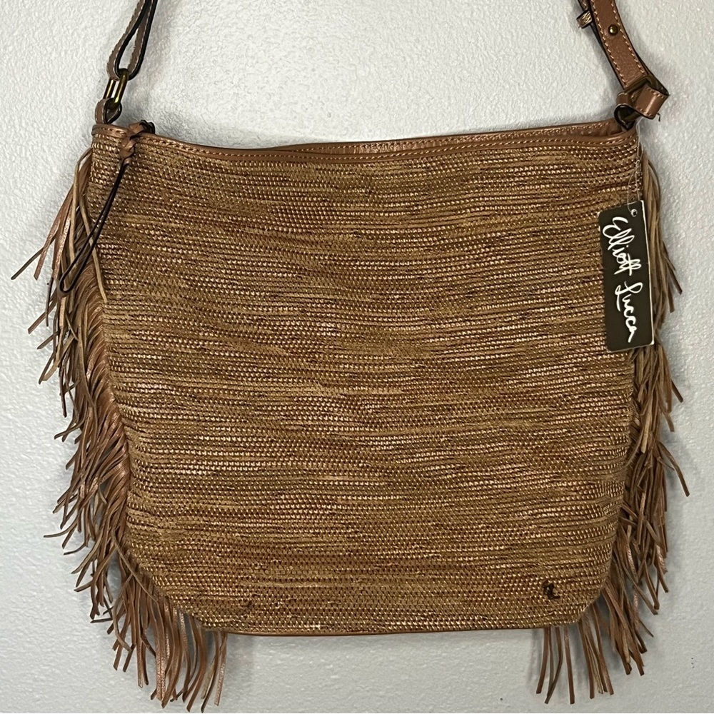 Elliott Lucca Bali 89 All Day Tote Bag 100% Leather Tan Fringe Top Zip Tweed NWT